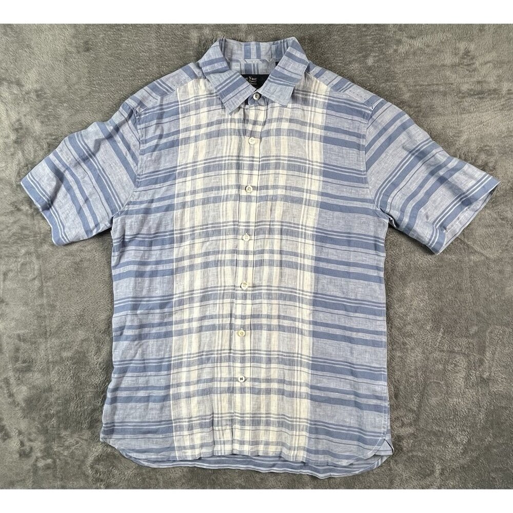 Nat Nast Short Sleeve Button Up Shirt Men's L Blue American Fit Plaid 100% Linen
